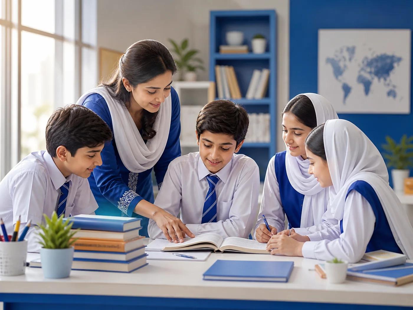 Students learning together with teacher guidance in a bright classroom