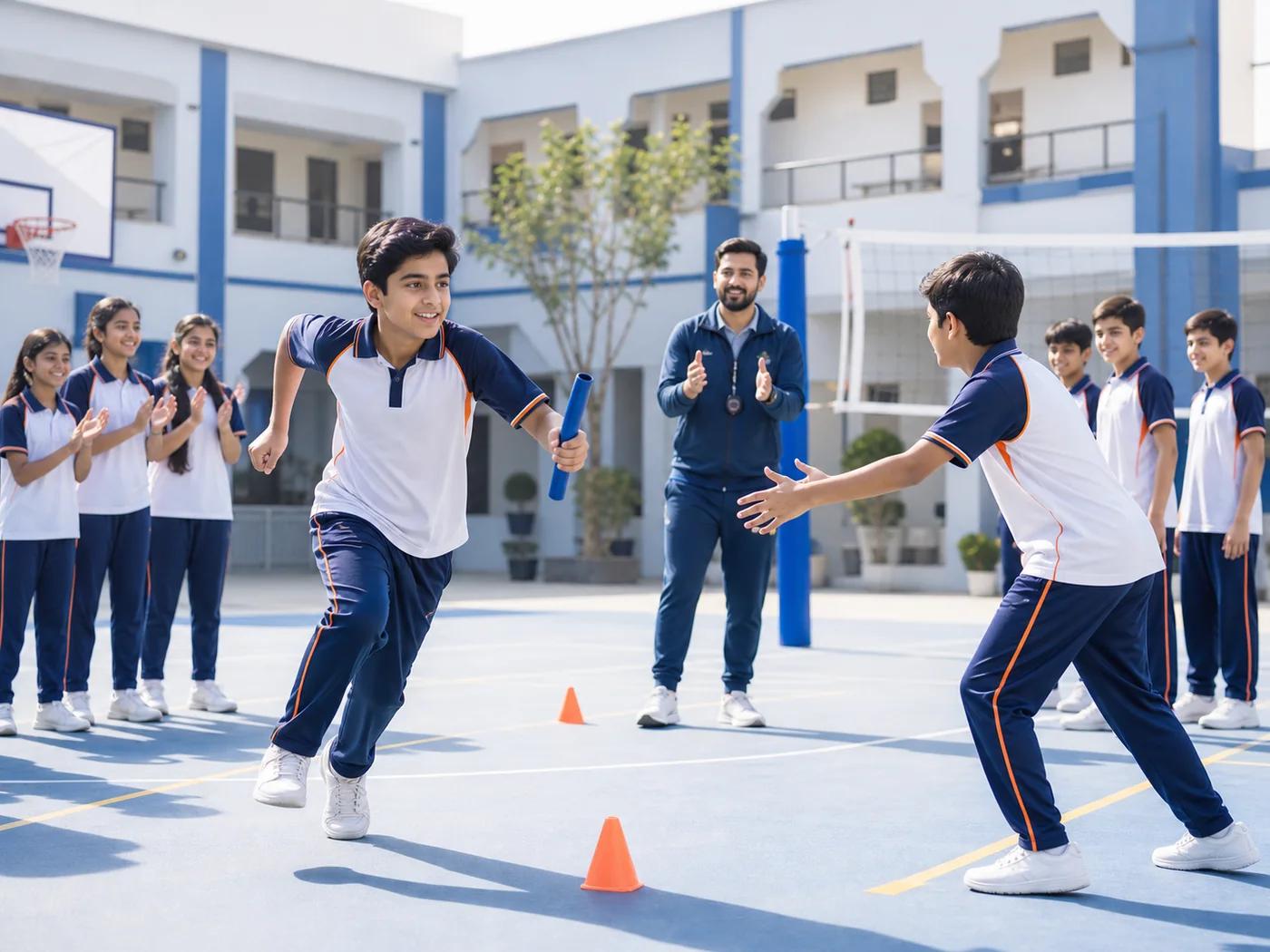 Students practicing teamwork during a school sports activity